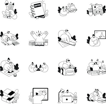 School-themed Glyph stickers featuring stationery, notebooks, exams, painting, tutoring, results, backpacks, and classroom activities. 