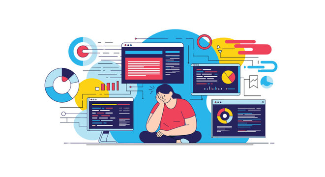 Overwhelmed woman sitting on the floor while surrounded by numerous complex data analytics charts and digital computer screens.