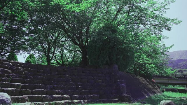Cinematic sunlight on stone stairs through trees in rural Japan for background