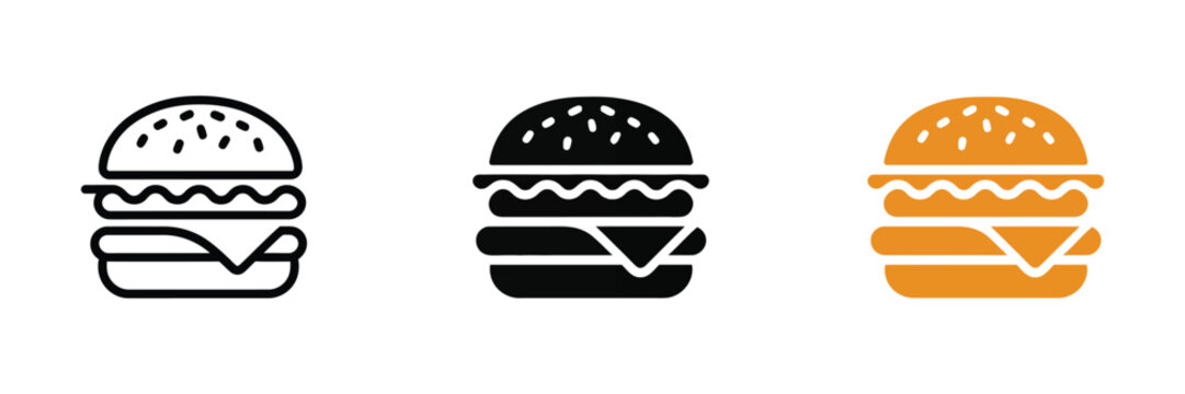 Hamburger icon set, outline, solid black, and orange styles, playful vector food symbol for restaurant apps, menu design, fast food promotions, and marketing materials.