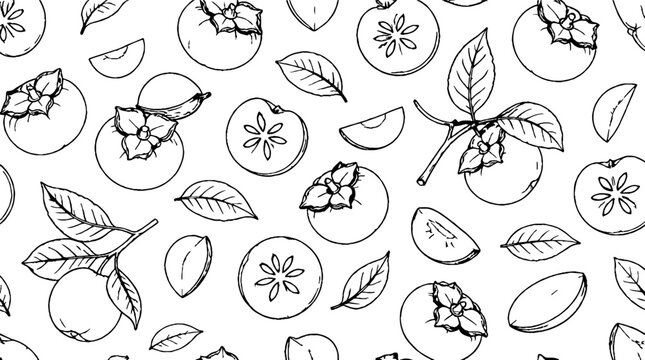 Detailed line art of persimmons and leaves pattern.