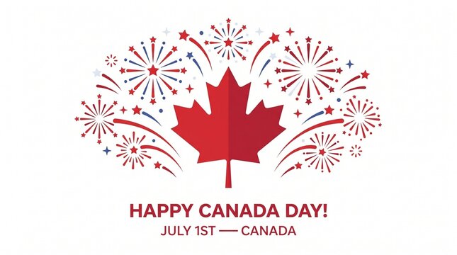 Happy Canada Day Greeting with Fireworks and Maple Leaf Illustration