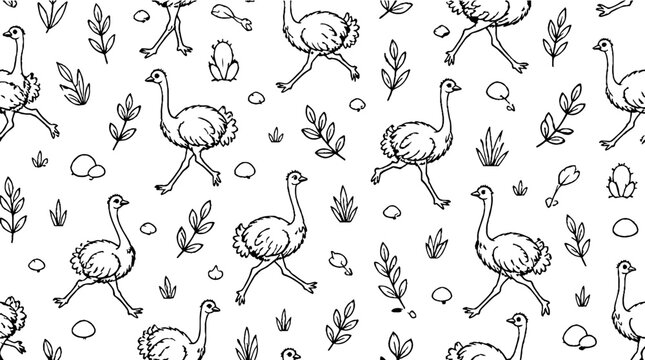 Playful ostrich pattern with plants and eggs illustration.
