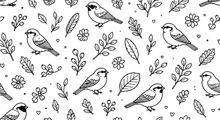 Obraz premium Elegant bird and leaf pattern in black and white.