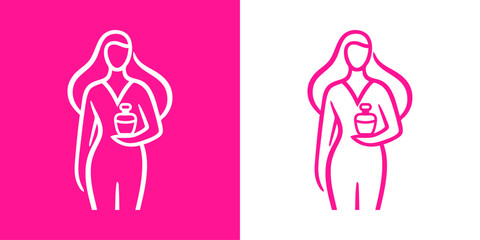 Logotipo perfumería. Dibujo minimalista con líneas de una mujer sujetando una botella de perfume en la mano frente al pecho, en rosa y blanco  © teracreonte