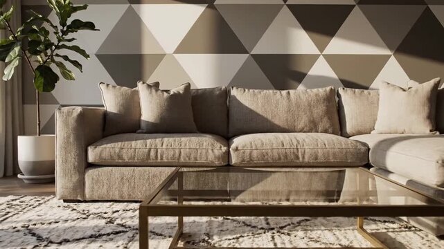 Modern living room interior featuring neutral beige sectional sofa, gold glass coffee table, and geometric triangle wallpaper. Fiddle leaf fig plant by window with natural sunlight.