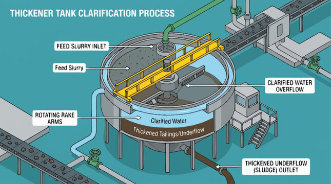 Industrial thickener tank for slurry clarification in processing plant.