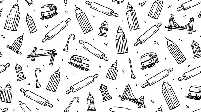 Illustrated collection of vintage tools and objects in black and white.