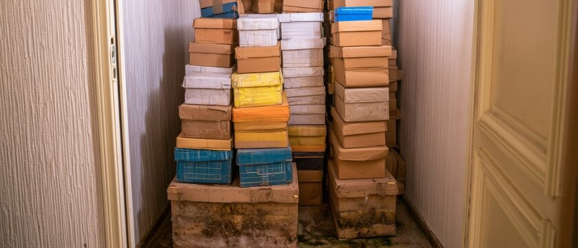 Stacks of brown boxes fill a hallway in a home during the day in a residential area