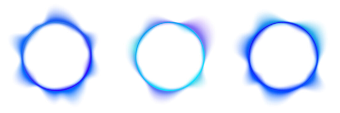 Abstract liquid gradient blue circle displays neon colors, blot drops create reflective highlights. Smooth form defines balanced rounded shape. Glowing neon blue circle tech banner sign PNG.