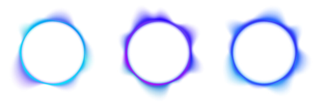 Abstract liquid gradient blue circle displays neon colors, blot drops create reflective highlights. Smooth form defines balanced rounded shape, glowing neon circle with inner pulse PNG.