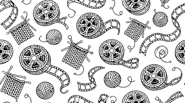 Seamless Pattern of Knitting and Crochet Tools and Yarn.