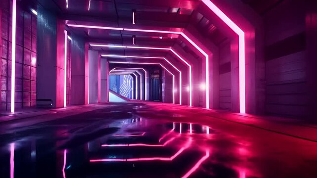 Suitable for futuristic scifi concepts, gaming environments, virtual reality projects  dark, neonlit cyberpunk corridor with wet metallic surfaces.