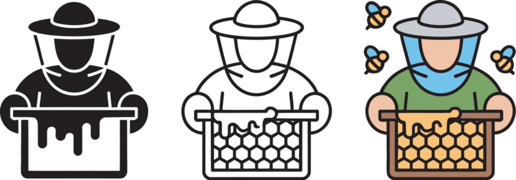 Beekeeping beekeeper holding honey frame with honey dripping softly isolated vector collection featuring protective clothing, honeycomb details and natural honey harvesting for agricultural 