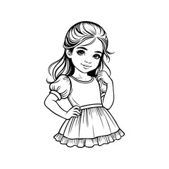 Logotipo de boutique de moda infantil. Dibujo minimalista con líneas de una niña de pie, con un vestido de manga corta y una mano apoyada en la cadera y la otra levantada hacia el cabello © teracreonte