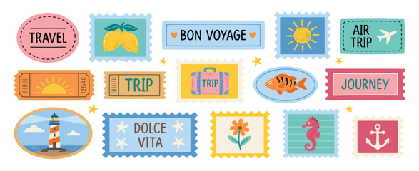 Vintage Travel Stickers and Postage Stamps Featuring Retro Summer Vacation Labels, Nautical Journey Icons, and Colorful Adventure Themes ©  