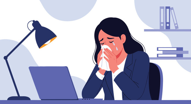 Sad businesswoman crying at her desk in front of a laptop at night while using a tissue to wipe her eyes under a bright desk lamp.