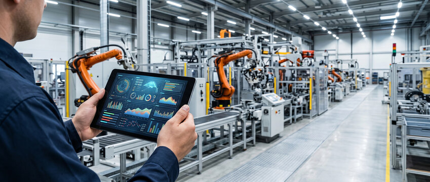 Engineer holding tablet monitoring robotic arms in smart factory