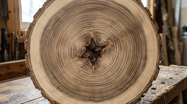 Tree trunk cross-section with annual rings on a workbench