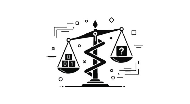 Scales weighing binary data against a question mark represent digital ethics.