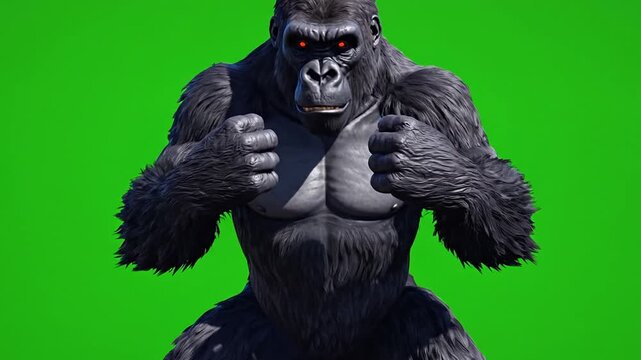 A large silverback primate stands against a bright green background