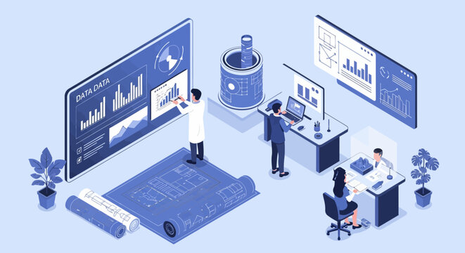 Scientists analyzing data on futuristic screens in a modern laboratory setting.