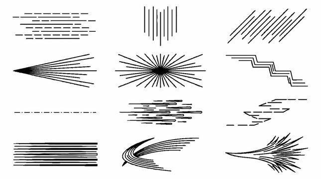 Collection of black abstract speed lines and geometric motion shapes on white background.