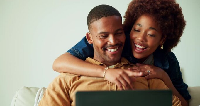 Couple, hug and remote work in house with laptop, bonding or support husband for marketing career. Happy, married black people and freelance worker with computer, embrace or help for advertising job.