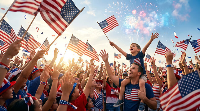Patriotic Family Celebrating 4th of July with Fireworks and American Flags
