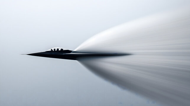 Military fighter jet flying at supersonic speed breaking the sound barrier with vapor cone.