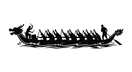 A dragon boat with crew members depicted as a black silhouette against a white background showcasing traditional watercraft © Gahima