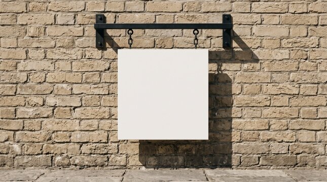 White square storefront sign hanging from a black metal fixture on a tan brick wall in harsh afternoon sunlight for outdoor retail marketing