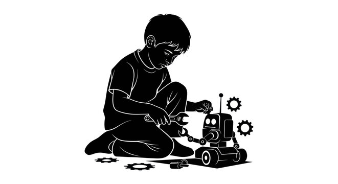 Boy Repairing Robot Silhouette Vector Illustration