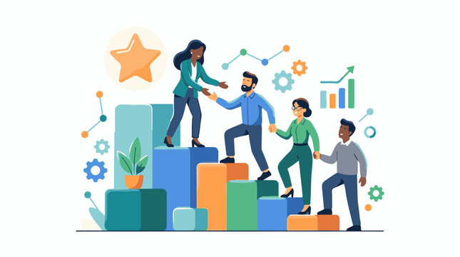 A diverse group of people helping each other climb a colorful bar graph