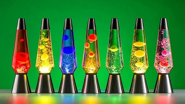 A row of colorful lava lamps glowing against a solid green background