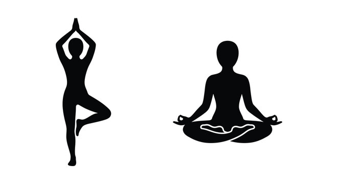 Two yoga poses in black silhouette against a white background depicting tree and lotus positions silhouette asana pose
