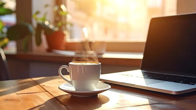 Steaming coffee cup and laptop on a wooden desk in golden morning sunlight