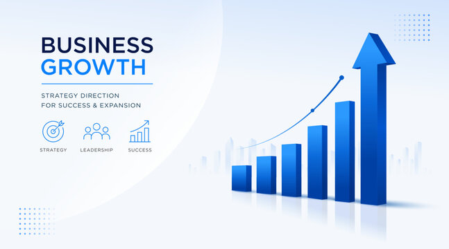 Business growth vector banner arrow showcasing rising bar chart for corporate success and expansion. Modern presentation template with financial progress, strategy, analytics, and business development