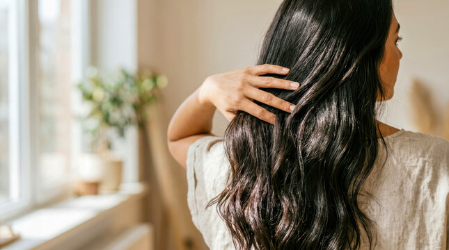 A woman stands in a room and runs her fingers through her long hair. Natural light shines through the window, highlighting her hair and the soft colors around her