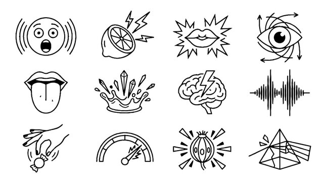 Collection of black and white hand drawn sensory and perception icons.