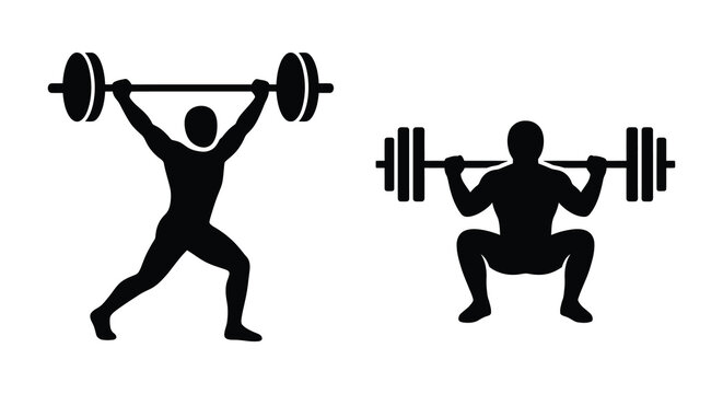 Weightlifter silhouettes performing overhead press and squat exercises against a white background silhouette weightlifting barbell dumbbells exercise fitness