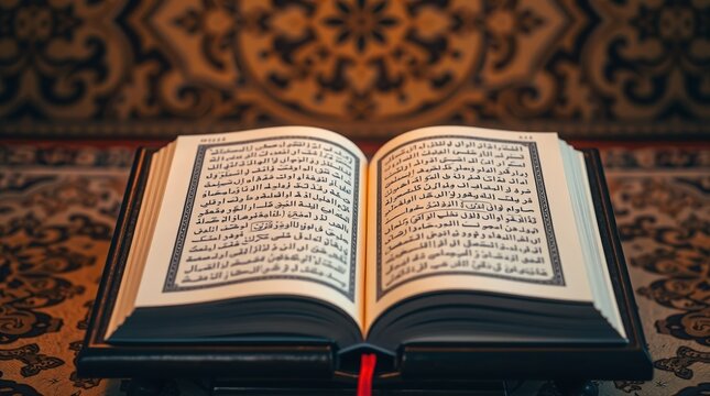 Open quran book on a wooden stand with traditional islamic patterns