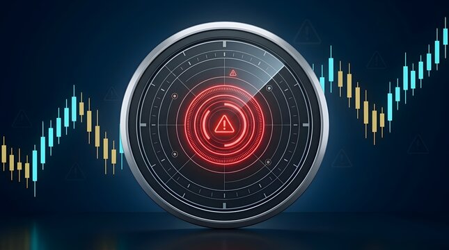 Financial radar screen displaying stock market charts with warning signals and an alert symbol, signifying risk detection.