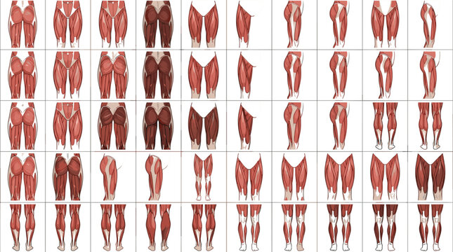 Vector icon collection demonstrating detailed lower body muscular anatomy isolating glutes quadriceps hamstrings and calves