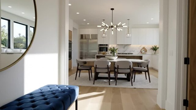 Modern interior with blue tufted velvet bench and round gold mirror in hallway leading to open plan kitchen and dining area with marble table and contemporary chandelier.