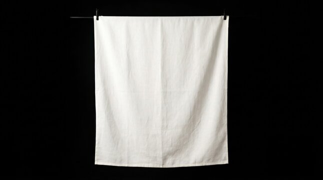 White linen towel hanging vertically against a dark black background in a minimalist studio shot for textile branding and product mockup design