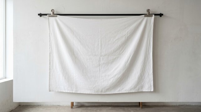 White linen cloth hanging from clips on a black rod against a minimalist white wall in a bright room for home textile branding