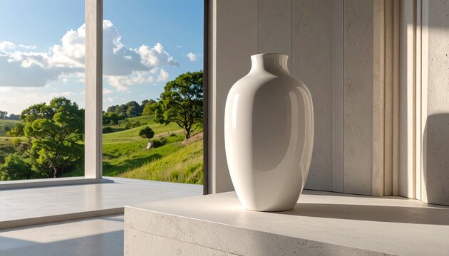 A large white vase sits on a shelf by a window overlooking a green landscape with trees.