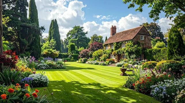 A beautiful English country cottage with a lush manicured garden and blooming flowers