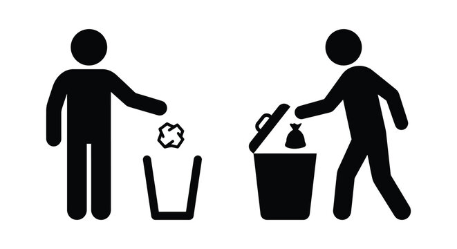Stick figure silhouettes depicting a person discarding trash into a waste bin black on white silhouette disposal rubbish
